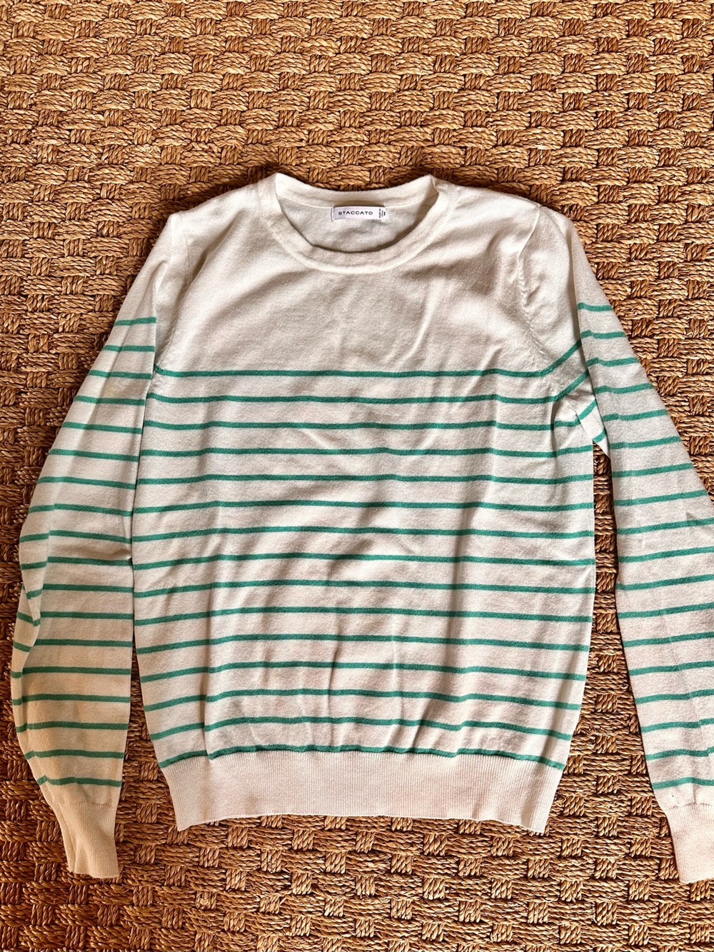 Staccato White Crewneck Sweater with Teal Stripes